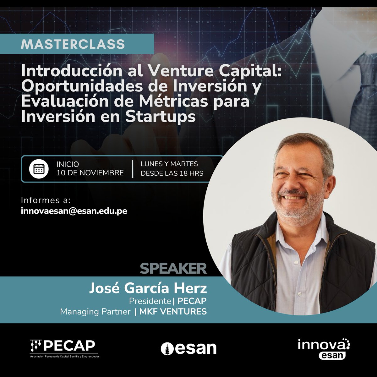 ¡Conoce a uno de los speakers del Seminario Fundamentos VC!
José García Herz liderará el masterclass: Introducción al Venture Capital, oportunidades de inversión y evaluación de métricas para startups
📅Inicio: 10 de noviembre
📍30% dscto hasta el 31/10
🔗innova.esan.edu.pe/aprende-con-no…