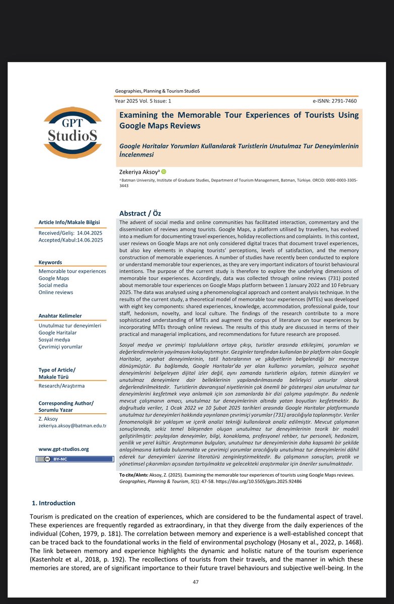 Geographies Planning Tourism STUDIOS
5. Yılında 1.Sayısında yer alan değerli araştırmacılarımızın makalelerini sizlerle paylaşmaktan mutluluk duyarız. jag.journalagent.com/gpt-studios/pd…