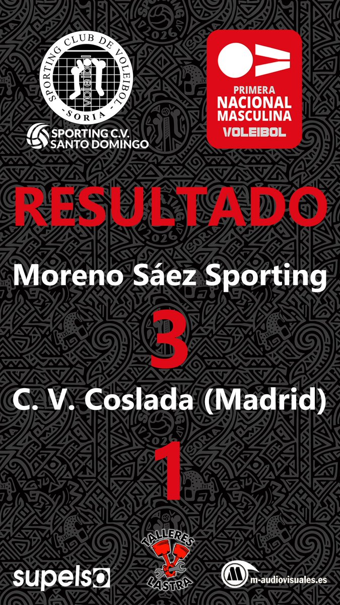 🚨🚨 VICTORIA 🚨🚨

🏆 Primera División Masculina
🏐 Jornada 4
➡️ Moreno Sáez Sporting 3️⃣ - C. V. Coslada 1️⃣

<a href="/SUPELSO_Soria/">SUPELSO</a> <a href="/maudiovisuales/">M-Audiovisuales</a> #SportingSantoDomingo #PrimeraDivisiónMasculina #Voleibol #SomosCantera #FamiliaSporting #Soria #Nosgustaelvoley