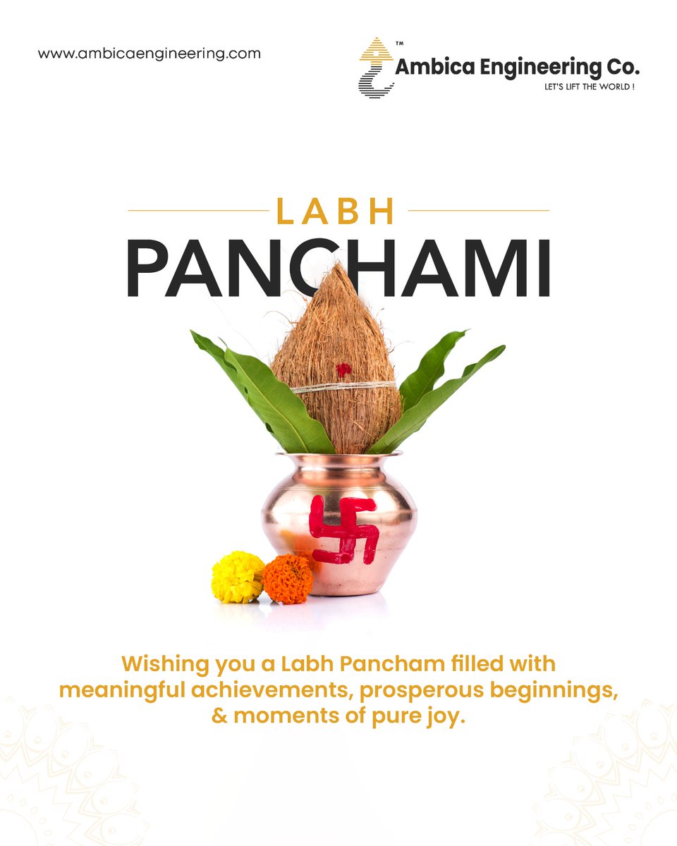 On this sacred day of Labh Pancham, may positivity and prosperity fill your home.

#AmbicaEngineering #LabhPancham #ShubhLabhPancham #HappyLabhPancham #LabhPanchami #FestivalOfProsperity #BusinessInspiration #SuccessAndGrowth #India