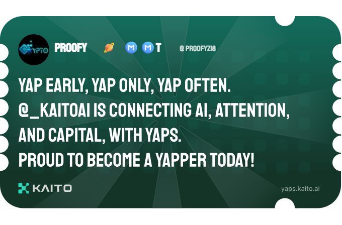 PROOFYZ18's tweet photo. Yap early, yap only, yap often.

@KaitoAI is connecting AI, attention and capital with Yaps.

Just claimed my social card and I'm accumulating Yap points in real-time.

Claim yours 👉 https://t.co/nVHXS9aQX3 https://t.co/Q7yh8ZoCTM
