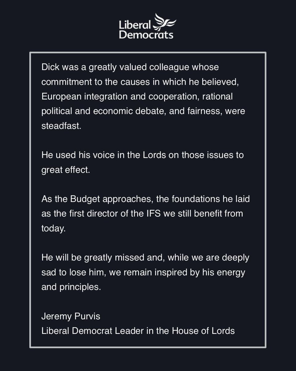LibDemLords's tweet image. We are deeply saddened by the loss of our own Dick Taverne.
We will miss Dick hugely. Passionate and principled, his long record of public service is an inspiration to us all and a reminder of what politics can be at its best.
Our thoughts are with his family.