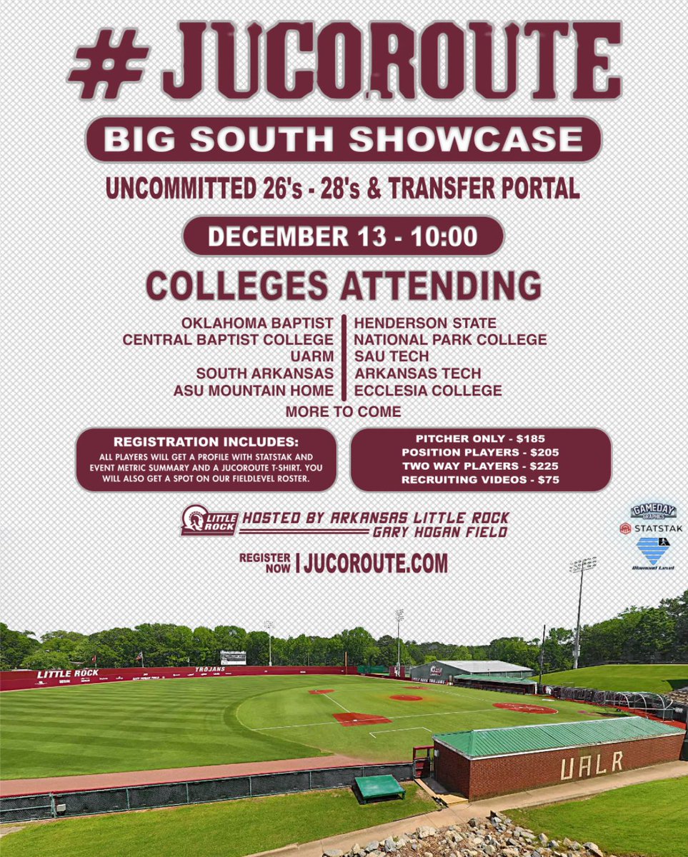 📈ARKANSAS📈

⚾️UNCOMMITTED 26-28’s⚾️
     RECRUITING SHOWCASE

📍Little Rock, AR
🏟️ UALR-Gary Hogan Field
📆December 13

🎬 Recruiting Video Available 

Register 🎟️ 👉 JucoRoute.com

Don’t miss your opportunity

<a href="/GamedayLLC/">GameDay Graphics LLC</a> | <a href="/DiamondLevelBSB/">Abel Lopez</a>
<a href="/Austin_allen1/">Austin Allen</a> |