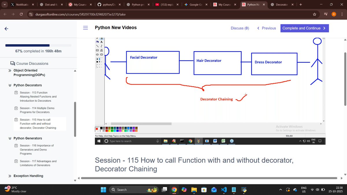 thebytebardd's tweet image. Day 39 of Learning Python...
Today I learnt about decorator chaining — how multiple decorators can be applied on a single function and how they execute in a bottom-to-top order.
@ankushdharkar 
#Python #decorator