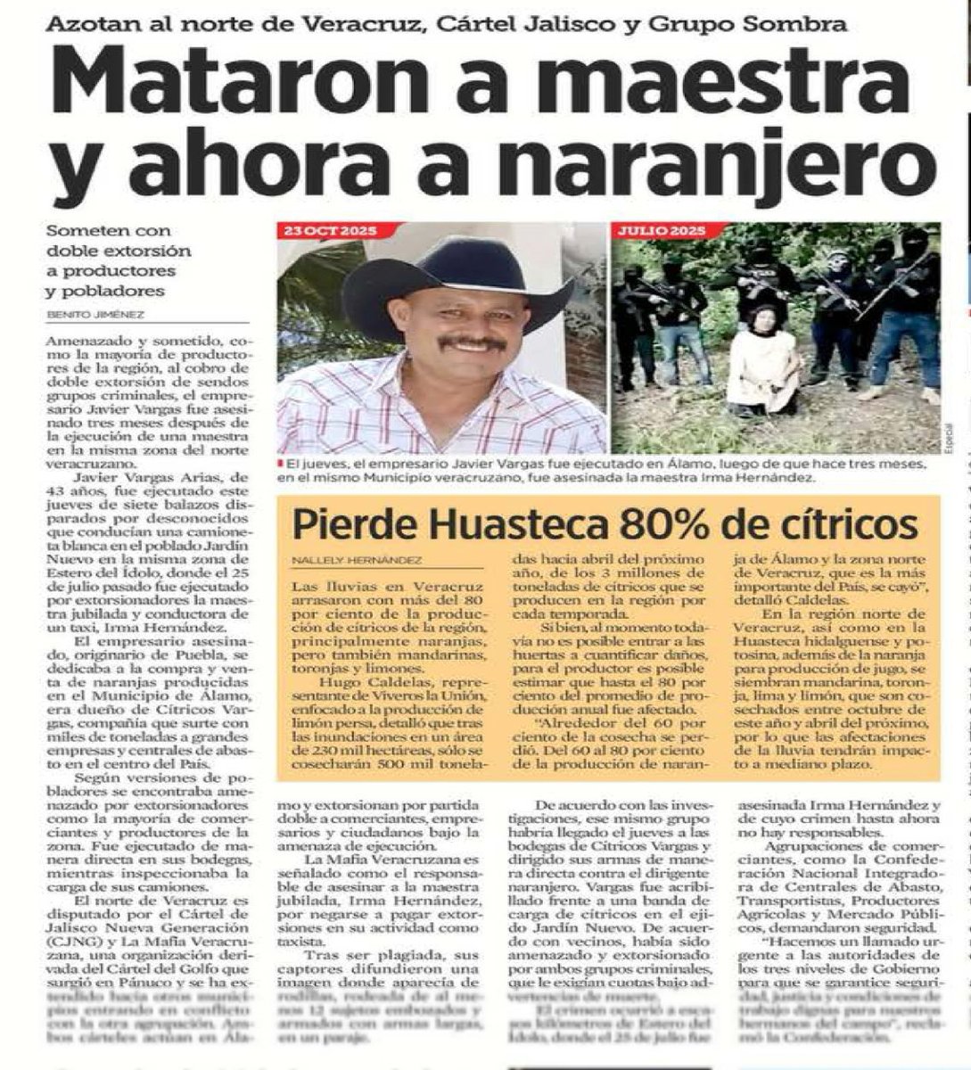 ⚠️ Ahora, a ver si no nos sale <a href="/rocionahle/">Rocío Nahle</a> con la pendejada de que el naranjero murió por un fuerte resfriado. Ya ven que con Irma Hernández dijo que había sido un infarto, “le guste al que le guste”. 

QEPD Javier Vargas. Mis condolencias y enérgica condena.

<a href="/Reforma/">REFORMA</a>