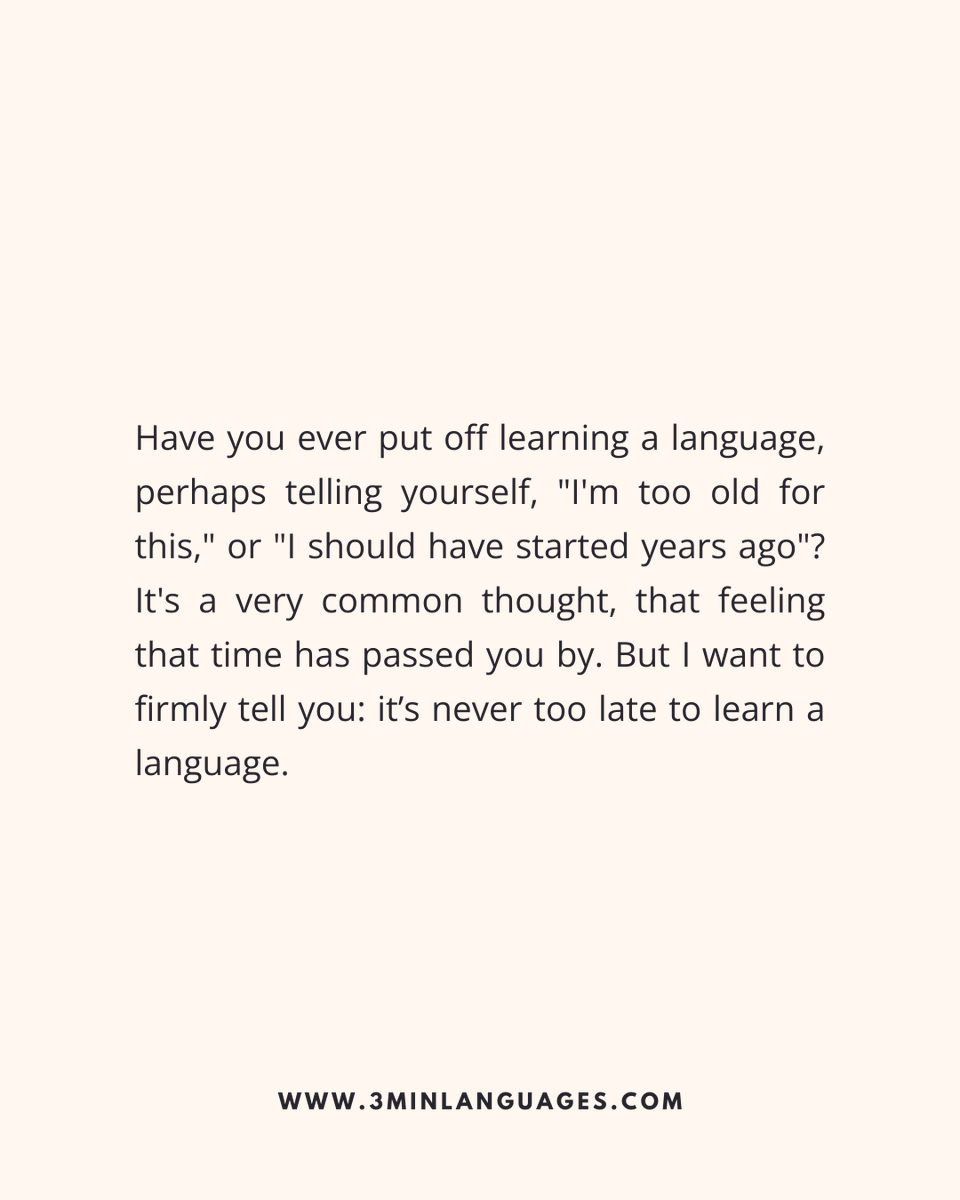 3MLanguages's tweet image. The best time to start? Today.
 Age doesn’t matter; action does.
 👉 Begin now: 3minlanguages.com

#3MinuteLanguages #StudyIn3 #LanguageLearning #MicroLearning #Consistency #LearnFrench #LearnSpanish #LearnGerman #LearnItalian #LearnPortuguese