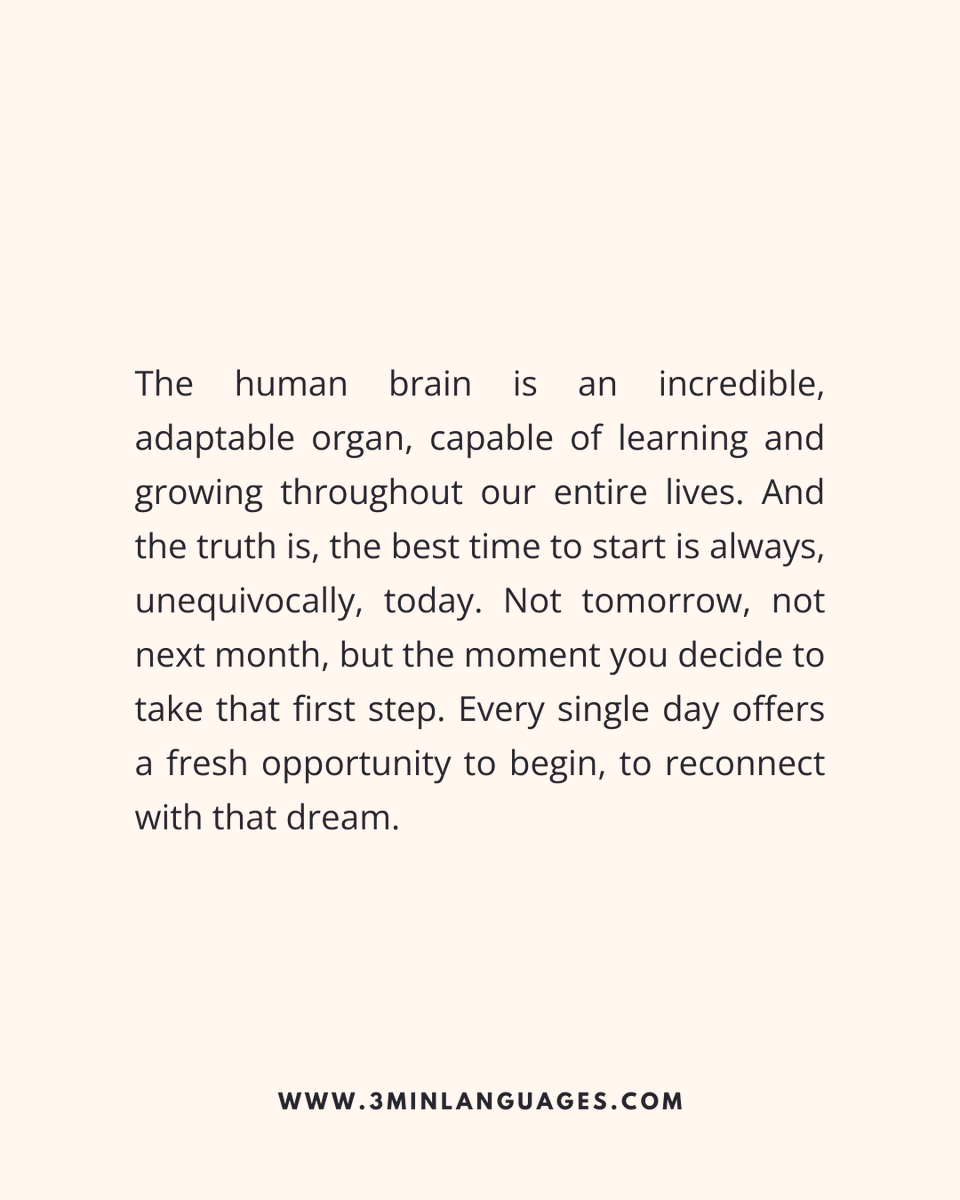 3MLanguages's tweet image. The best time to start? Today.
 Age doesn’t matter; action does.
 👉 Begin now: 3minlanguages.com

#3MinuteLanguages #StudyIn3 #LanguageLearning #MicroLearning #Consistency #LearnFrench #LearnSpanish #LearnGerman #LearnItalian #LearnPortuguese