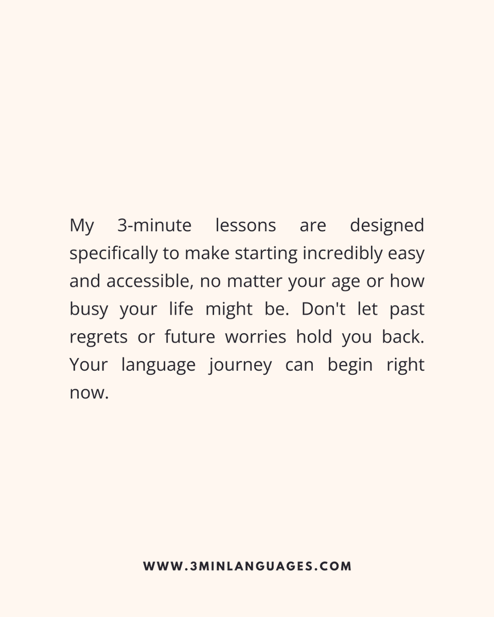 3MLanguages's tweet image. The best time to start? Today.
 Age doesn’t matter; action does.
 👉 Begin now: 3minlanguages.com

#3MinuteLanguages #StudyIn3 #LanguageLearning #MicroLearning #Consistency #LearnFrench #LearnSpanish #LearnGerman #LearnItalian #LearnPortuguese