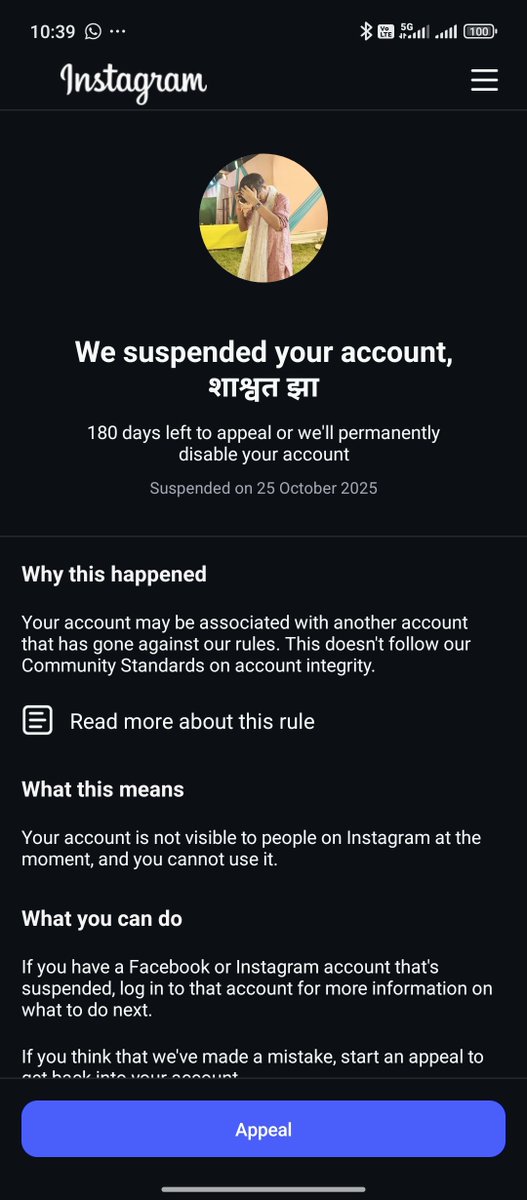 ShashwatJhaKas1's tweet image. Hey @Instagram @Meta, my account was suspended today for being ‘associated’ with another account, but I believe this is a mistake. I’ve already appealed — could someone please review? Username: @ shashwatjhaa #instagramhelp