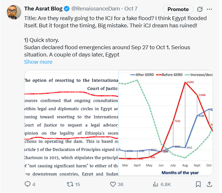 RenaissanceDam's tweet photo. Title: Egyptian expert questioning his government's white lies

Quick reminder: on Oct 6 and 7, I said Egypt's towland flood story was staged and that the travel time made it impossible for their blame on GERD. Today, an Egyptian expert is saying the same, point for point. Cairo sold the world a headline it cannot defend with hydraulics, timing, or data. Here is a simple side-by-side: what I said then, and what their own expert says now.

I said (Oct 6 and 7) vs He said (today)

Timing
1. I said: River waves need days and weeks, not 2 or 3 days. A late September surge cannot flood Egypt by Oct 2 or 3.
2. He said: Water released at the High Aswan Dam needs about 5 to 6 days to reach Monufia. The big Sudan flood of Sep 25 would reach Lake Nasser around Oct 10, not Oct 2.

Towland flooding cause
1. I said: Egypt likely flooded itself and tried to pin it on GERD.
2. He said: "The Towland areas were deliberately inundated to stage a media campaign against GERD.

Toshka spillway
1. I said, Egypt has Toshka to route excess water.
2. He said: Toshka was closed. If it had been operating, the towland flooding would not have happened.

ICJ rhetoric
1. I said: The ICJ talk is theater. Timing physics will sink it.
2. He said: Ethiopia would welcome court scrutiny. Satellite images and timing prove the towland flood was engineered inside Egypt.

Sequence of events
1. I said: Sudan's flood alerts came first. Egypt's claims followed a few days later.
2. He said: Orders to flood the towland came one day after the Sudan flood began, to ride the media wave.

Where we differ
1. He blames GERD for the volume of flooding in Sudan. I disagree. GERD cuts flood crests, and Sudan's own alerts named both tributaries.

Where we agree
1. The towland flood was staged. Toshka was closed. The travel time math blows up the Oct 2 blame game.

Read my previous tweets:
Oct 7: https://t.co/Jj3J0ZOohl
Oct 6: https://t.co/p3Vx3Q79y3

#GERD #Nile #Egypt #Sudan #Hydrology #ICJ #Toshka #DataNotNoise #Receipts