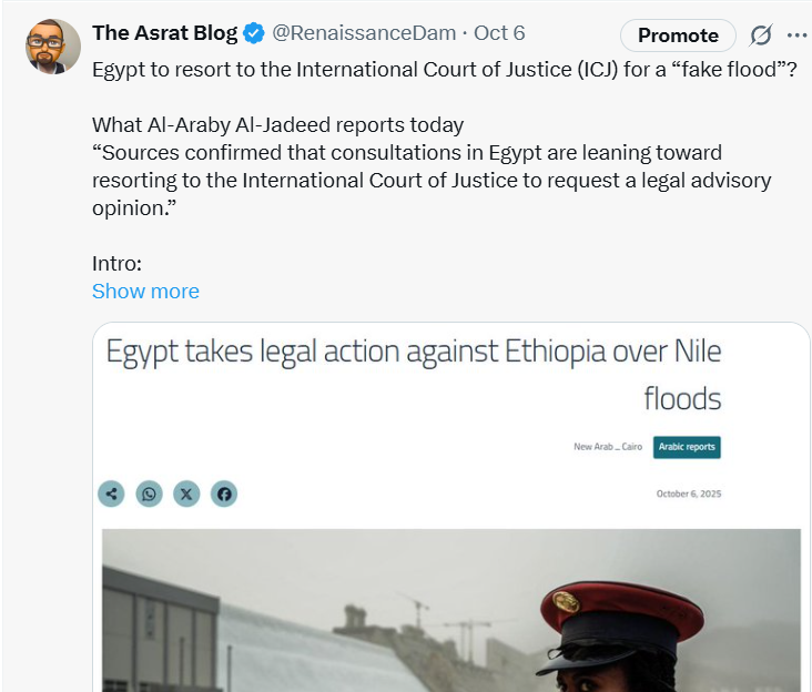 RenaissanceDam's tweet photo. Title: Egyptian expert questioning his government's white lies

Quick reminder: on Oct 6 and 7, I said Egypt's towland flood story was staged and that the travel time made it impossible for their blame on GERD. Today, an Egyptian expert is saying the same, point for point. Cairo sold the world a headline it cannot defend with hydraulics, timing, or data. Here is a simple side-by-side: what I said then, and what their own expert says now.

I said (Oct 6 and 7) vs He said (today)

Timing
1. I said: River waves need days and weeks, not 2 or 3 days. A late September surge cannot flood Egypt by Oct 2 or 3.
2. He said: Water released at the High Aswan Dam needs about 5 to 6 days to reach Monufia. The big Sudan flood of Sep 25 would reach Lake Nasser around Oct 10, not Oct 2.

Towland flooding cause
1. I said: Egypt likely flooded itself and tried to pin it on GERD.
2. He said: "The Towland areas were deliberately inundated to stage a media campaign against GERD.

Toshka spillway
1. I said, Egypt has Toshka to route excess water.
2. He said: Toshka was closed. If it had been operating, the towland flooding would not have happened.

ICJ rhetoric
1. I said: The ICJ talk is theater. Timing physics will sink it.
2. He said: Ethiopia would welcome court scrutiny. Satellite images and timing prove the towland flood was engineered inside Egypt.

Sequence of events
1. I said: Sudan's flood alerts came first. Egypt's claims followed a few days later.
2. He said: Orders to flood the towland came one day after the Sudan flood began, to ride the media wave.

Where we differ
1. He blames GERD for the volume of flooding in Sudan. I disagree. GERD cuts flood crests, and Sudan's own alerts named both tributaries.

Where we agree
1. The towland flood was staged. Toshka was closed. The travel time math blows up the Oct 2 blame game.

Read my previous tweets:
Oct 7: https://t.co/Jj3J0ZOohl
Oct 6: https://t.co/p3Vx3Q79y3

#GERD #Nile #Egypt #Sudan #Hydrology #ICJ #Toshka #DataNotNoise #Receipts