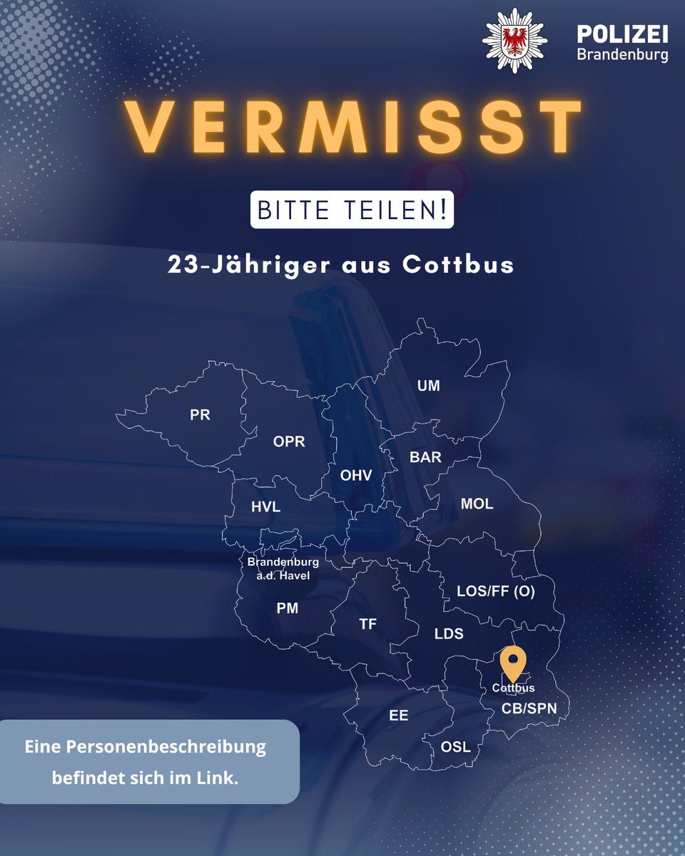 #Fahndung
Wir bitten um Unterstützung! Seit dem 22.10.25 wird ein 23-Jähriger aus #Cottbus vermisst.
Hinweise an ☎️ 035549371227
Foto &amp; Personenbeschreibung:
polizei.brandenburg.de/fahndung/junge…