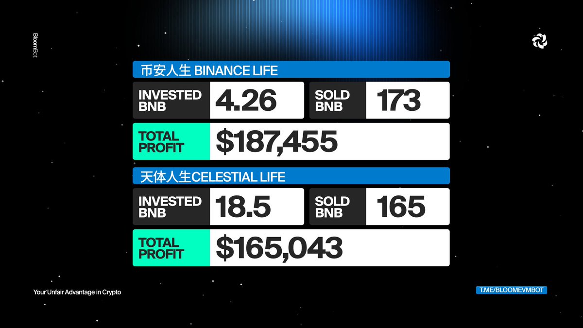 Profitability examples from Bloom Trading on BSC, featuring invested and sold BNB with total profits