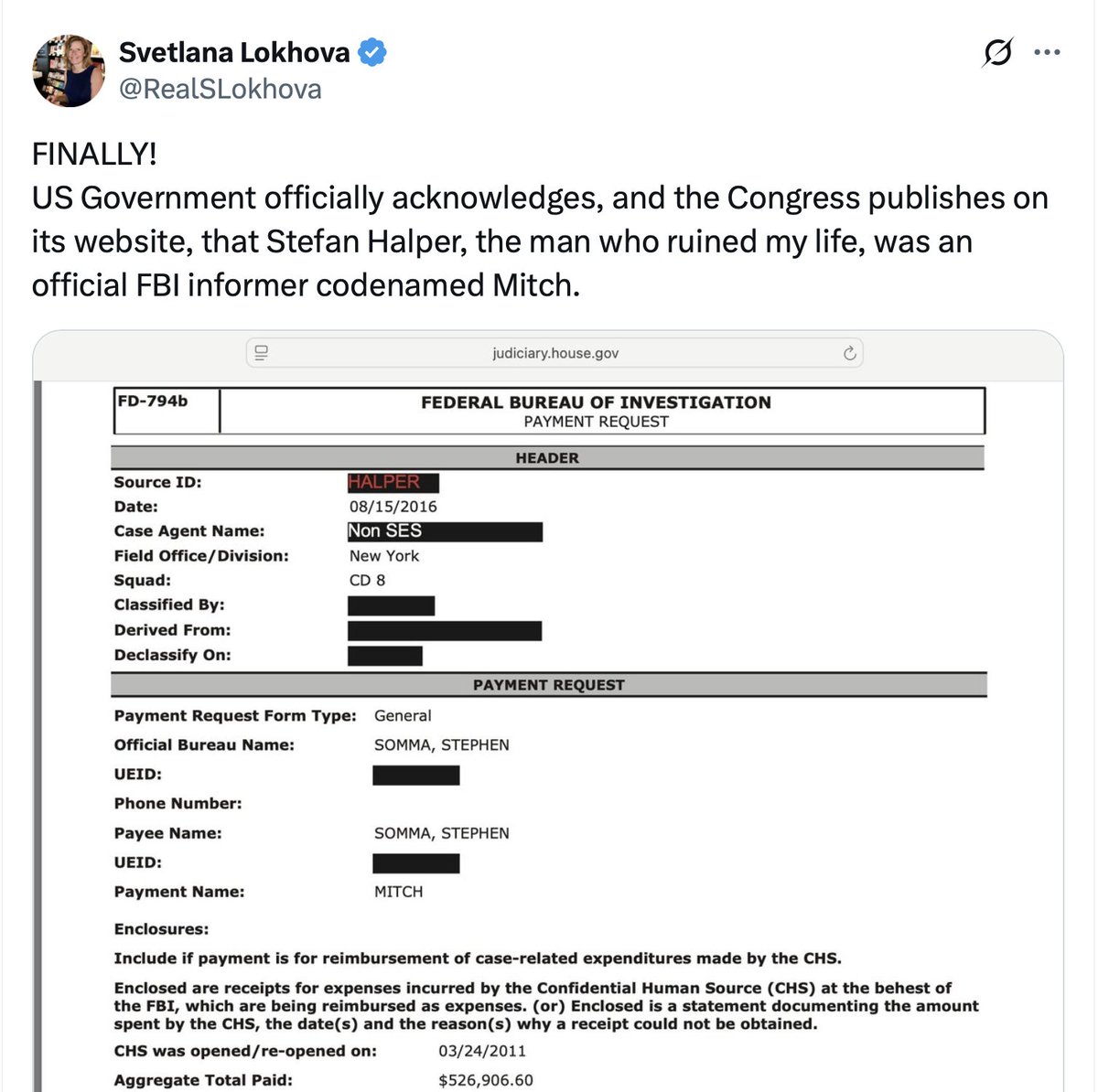 Svetlana Lokhova (@realslokhova) on Twitter photo Stefan Halper was paid USD 1.2 million by Comey-Wray FBI to lie. 
One of his payments is shown below. Stefan Halper was paid USD 1.2 million by Comey-Wray FBI to lie. 
One of his payments is shown below.