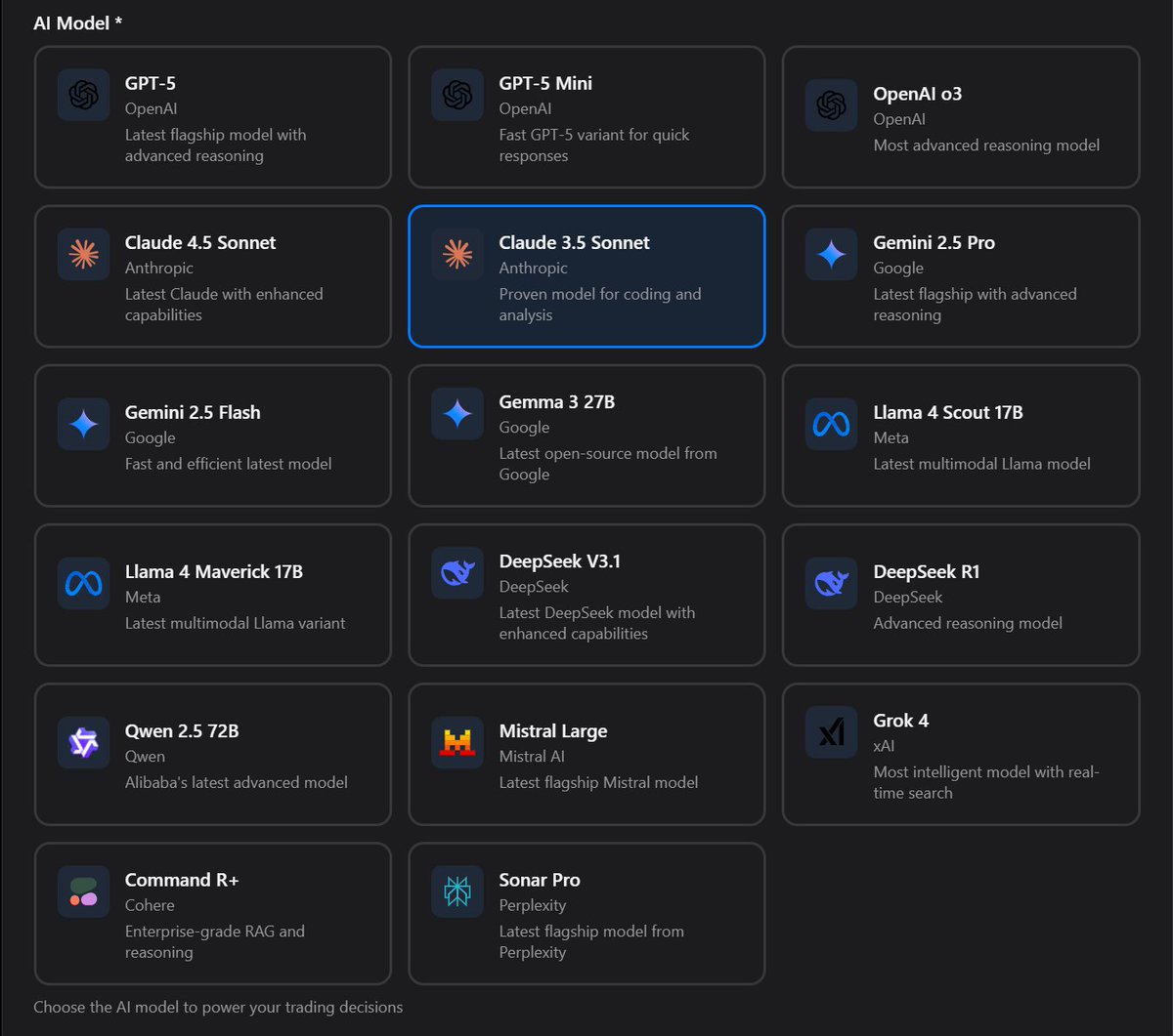 RobozTrade's tweet photo. Your trading bot deserves the best brain. 🧠 We give you options.

RobozTrade now supports a massive range of AI models. Choose from open-source giants like Llama & Mistral or deploy the latest cutting edge models from teams like OpenAI, Google, and Anthropic.

The choice is yours. Build your bot today: https://t.co/2Utk5yYqoP

 #AI #TradingBots #LLM #Fintech #OpenSource $ASTER