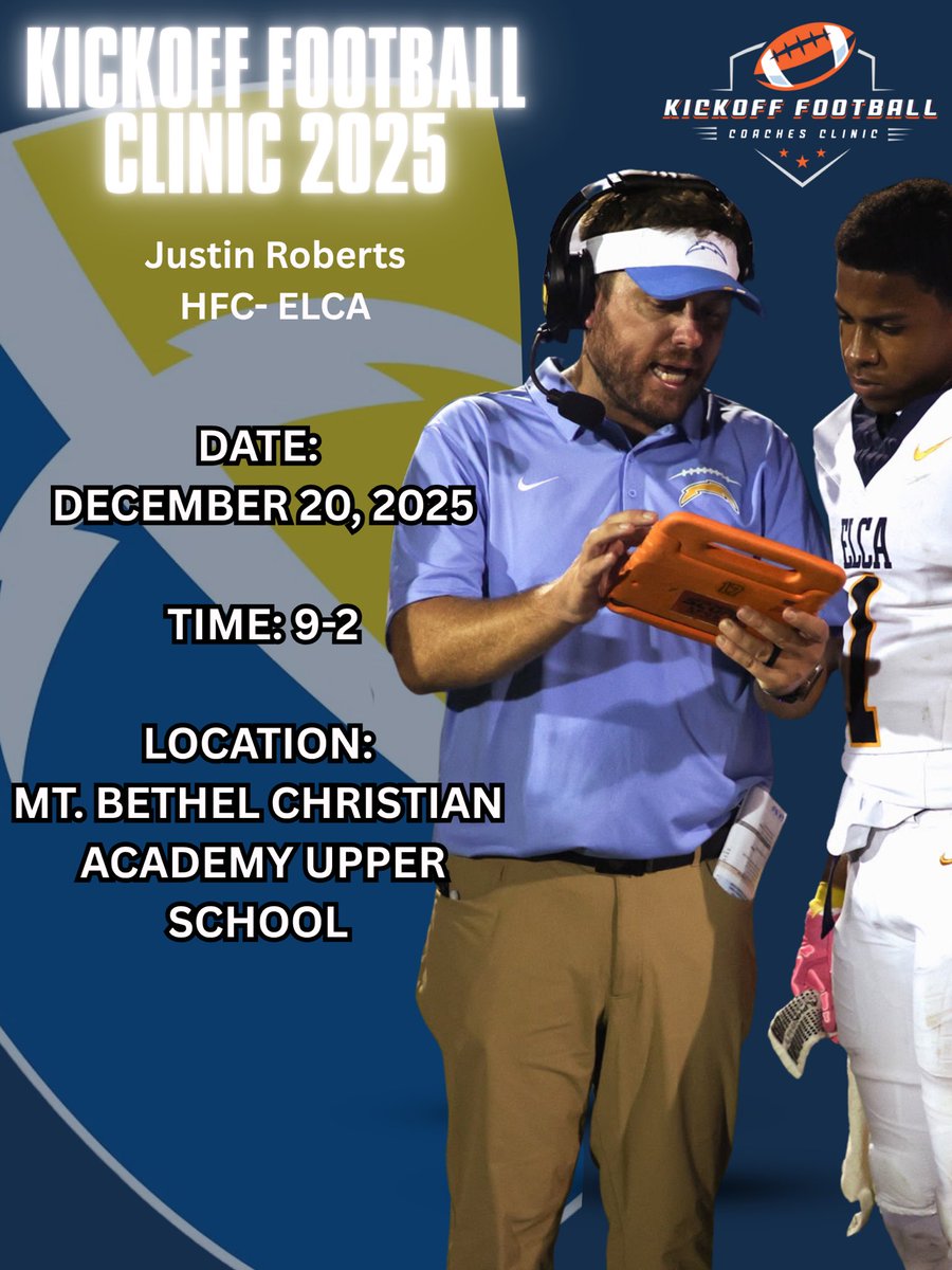 🚨🚨Coach Justin Roberts, Head Coach at Eagles Landing Christian Academy, will be one of the featured speakers at this year’s Kickoff Coaches Clinic!
With an incredible roster of coaches coming together, this year’s clinic is one you won’t want to miss.