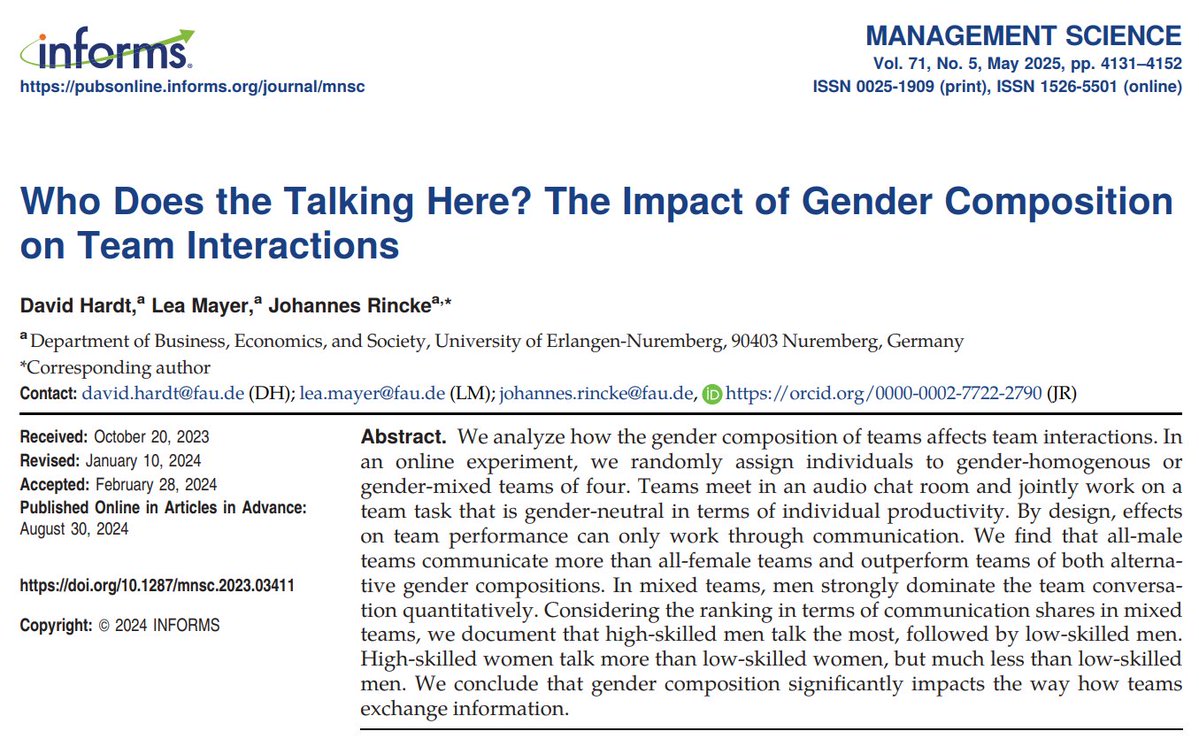 AdamMGrant's tweet image. Too many mediocre men talk over capable women.
Study of problem-solving teams: Men dominate the conversation, taking 50% more turns and saying 69% more than women. Men with low skill speak more than women with high skill.
It's long past time to value competence over confidence.
