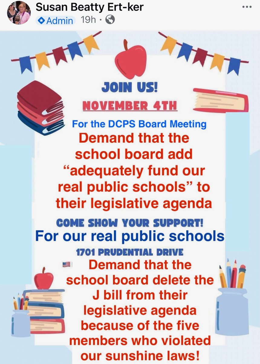 LibsofDuval's tweet image. Today’s feature is Susan Aertker. Here she is falsely accusing school board members of breaking the law. She’s quickly approaching defamation in the name of free speech. Words have meaning; perhaps she should be more careful with hers…