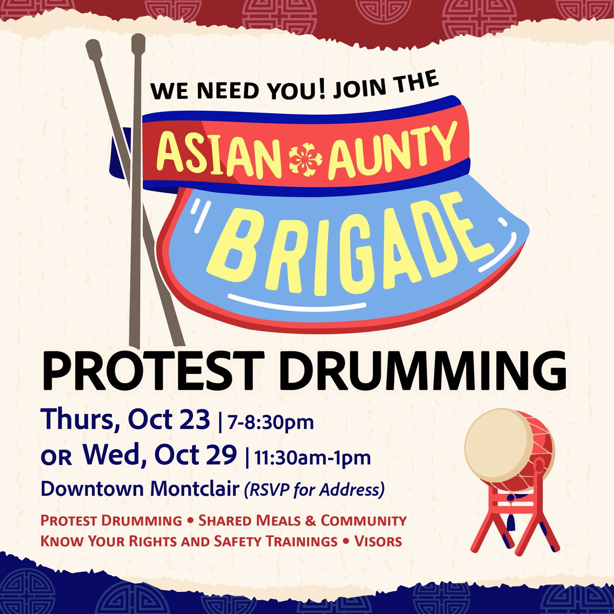 The Asian Aunty Brigade has started hitting the streets, appearing at No Kings in Rutherford and the Newark rally in support of Rep. McIver.

Build community and your protest drumming skills with us on Wednesday, Oct. 29 at 11:30am! Register here: mobilize.us/aapinewjersey/…