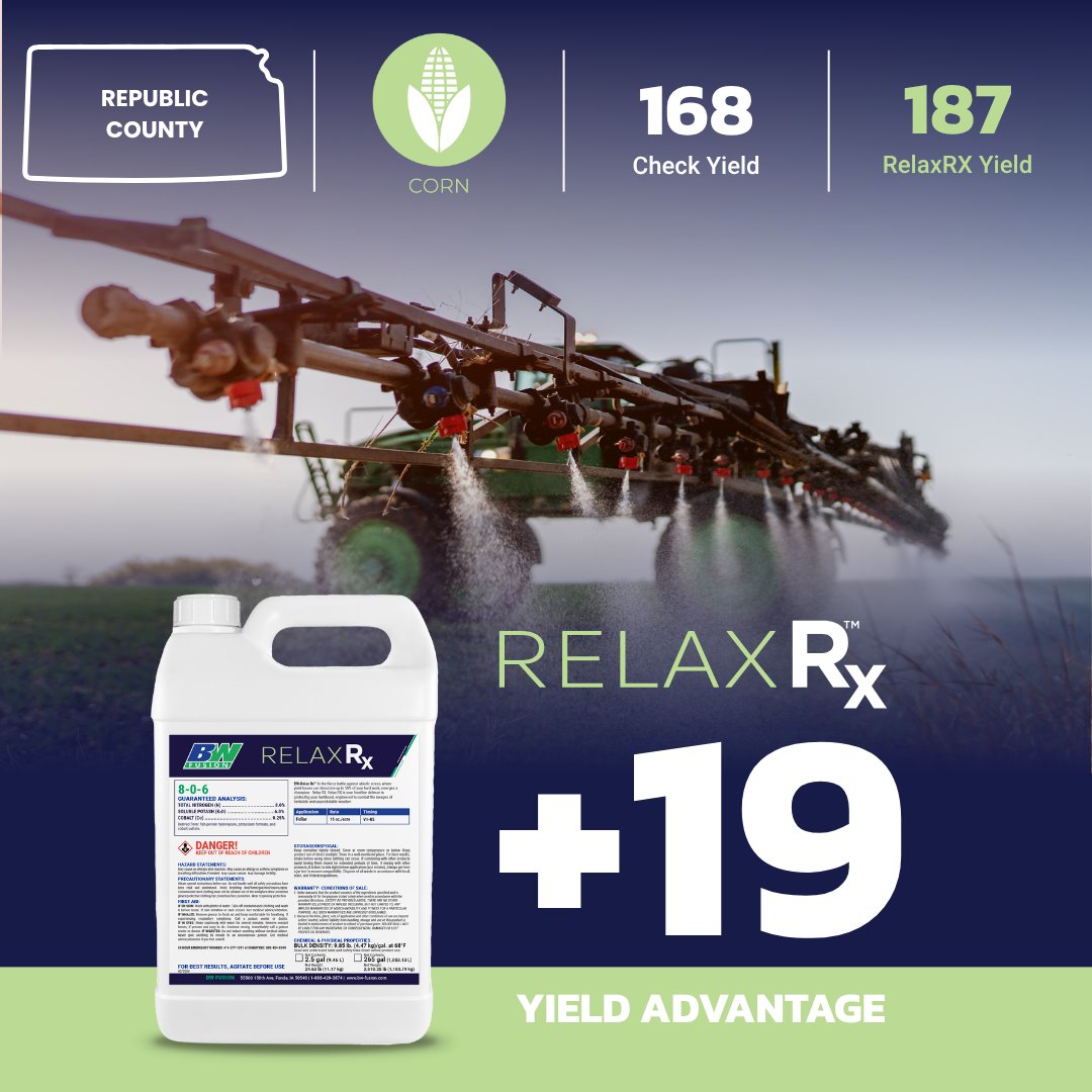📍 Republic County, KS
Corn | Field Trial
Relax RX delivered a +19 bu/acre average yield advantage over the check.

Check Yield: 168 bu/acre 
Relax RX Yield: 187 bu/acre

Strong on stress. Easy on your wallet. Relax RX.