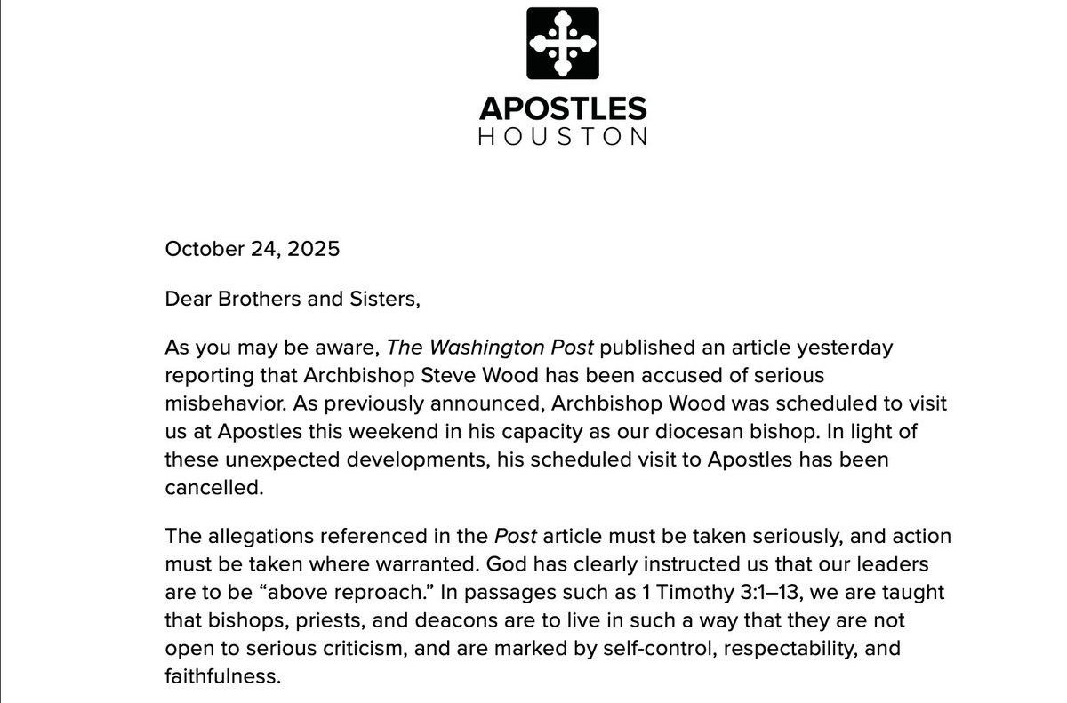 Two scheduled appearances of Archbishop Steve Wood at North American Anglican church events have suddenly been cancelled—one next month in Maryland, and another this weekend in Texas—in light of newly reported sexual misconduct allegations against him.