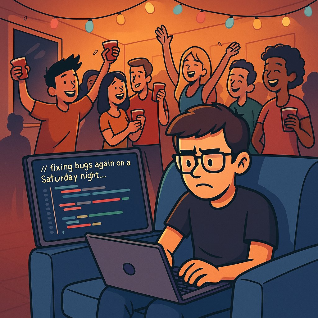 rcelanodev's tweet image. Saturday night.
Others: out partying.
Me: trying to fix a bug I created 3 days ago.
#CodeTideHQ #devlife #ProgrammingHumor