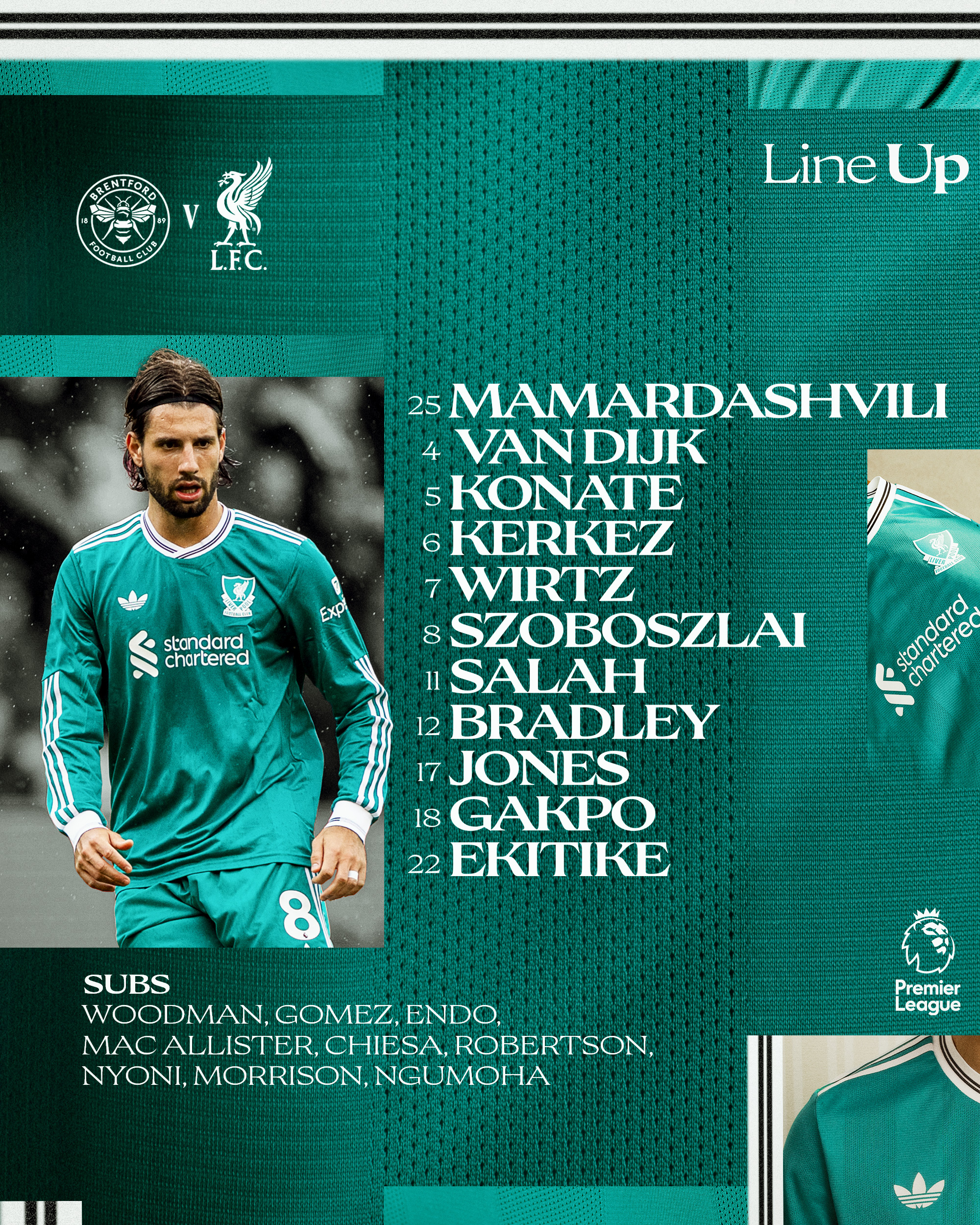 Starting XI: Mamardashvili, van Dijk, Konate, Kerkez, Wirtz, Szoboszlai, Salah, Bradley, Jones, Gakpo, Ekitike.

Subs: Woodman, Gomez, Endo, Mac Allister, Chiesa, Robertson, Nyoni, Morrison, Ngumoha.