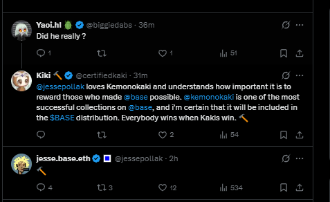 Today's rumors that holders of <a href="/kemonokaki/">Kemonokaki</a> may receive an airdrop from $BASE

post by <a href="/certifiedkaki/">Kiki 🔨</a>
