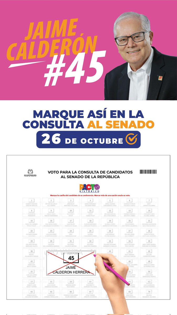 Un lujo xa Santander y Colombia q un hombre de las calidades personales, profesionales y éticas como <a href="/jaimecalde50/">Dr. Jaime Calderon</a> ocupe una curul en <a href="/SenadoGovCo/">Senado de la República 🇨🇴</a>. Quienes no somos militantes del Pacto, ni petristas tenemos la posibilidad d ORDENAR la lista xa q el médico Calderón vaya al Senado