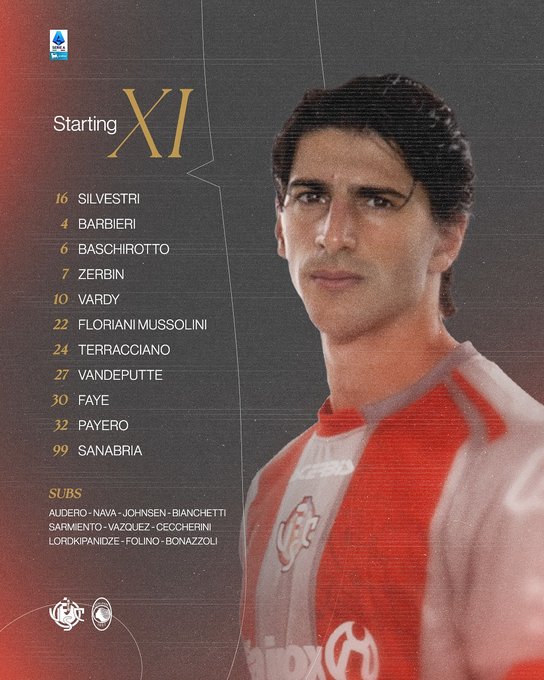 Graphic displays Starting XI title with numbered player positions and names including 1 Silvestri 4 Barbiere 10 Verbini 20 Fiamozzi 24 Mussolinni 27 Teracciano 30 Vande 3 Payer 9 Sambiase substitutes section lists Valzania Sforzini Barban Sanè Loiodice Vazquez Bognzoli team logo U.S. Cremonese in red and blue colors player headshot photos show young men with dark hair in formal or team attire UEFA and Serie A Enilive logos at bottom