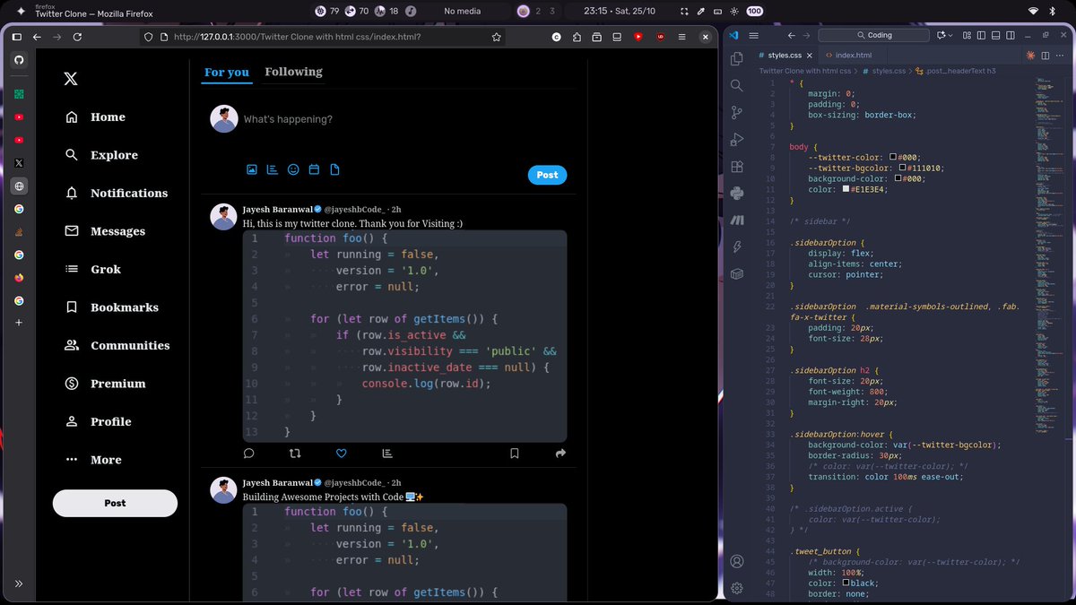 jayeshbCode_'s tweet image. Created X-Twitter clone with original Twitter elements (original-blue).
Progress (Day 1):
Features:
- Clean design
- Sidebar, feed (tweet box, posting)
- Icon hover effects
#buildinginpublic #Twitter #CodingChallenge #novibecoding #LearningJourney #learningtoearning #roastMe