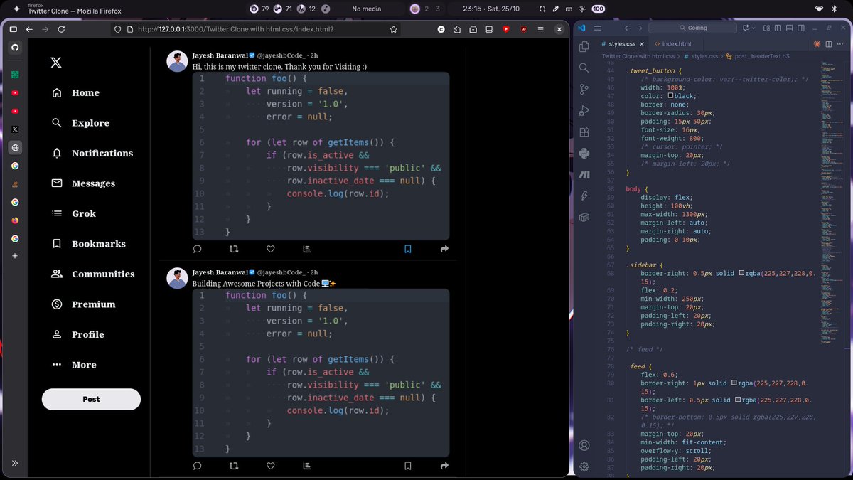 jayeshbCode_'s tweet image. Created X-Twitter clone with original Twitter elements (original-blue).
Progress (Day 1):
Features:
- Clean design
- Sidebar, feed (tweet box, posting)
- Icon hover effects
#buildinginpublic #Twitter #CodingChallenge #novibecoding #LearningJourney #learningtoearning #roastMe