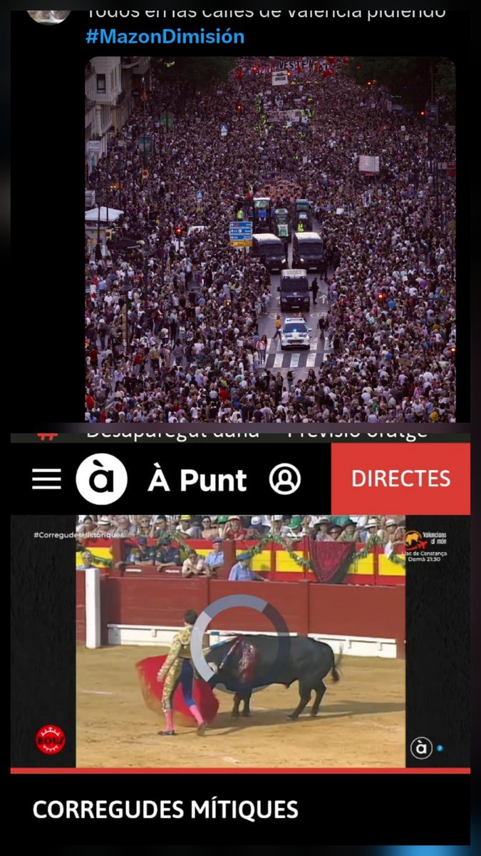 JuliaAlvaroPrat's tweet photo. Mientras la gente llena las calles de València gritando #MazonDimisión, A Punt, la TV autónómica que malgobierna el PP, programa TOROS.
Periodismo corrupto al servicio de gobernantes antidemócratas.
No aprenden, dan asco. https://t.co/9W5ARoJMOG