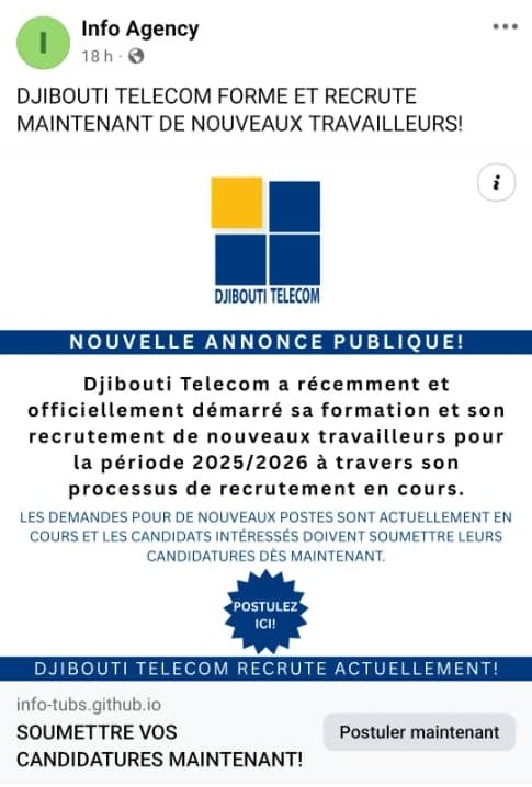 Djibtelecom's tweet photo. ALERTE FRAUDE : FAUSSES OFFRES D'EMPLOI DJIBOUTI TELECOM 🚨
​Attention : Des annonces de recrutement circulant actuellement sur les réseaux sociaux (ex: via "Info Agency", lien https://t.co/STMQAGxNY7) sont TOTALEMENT FRAUDULEUSES et usurpent notre identité. https://t.co/X0guiQiUR8