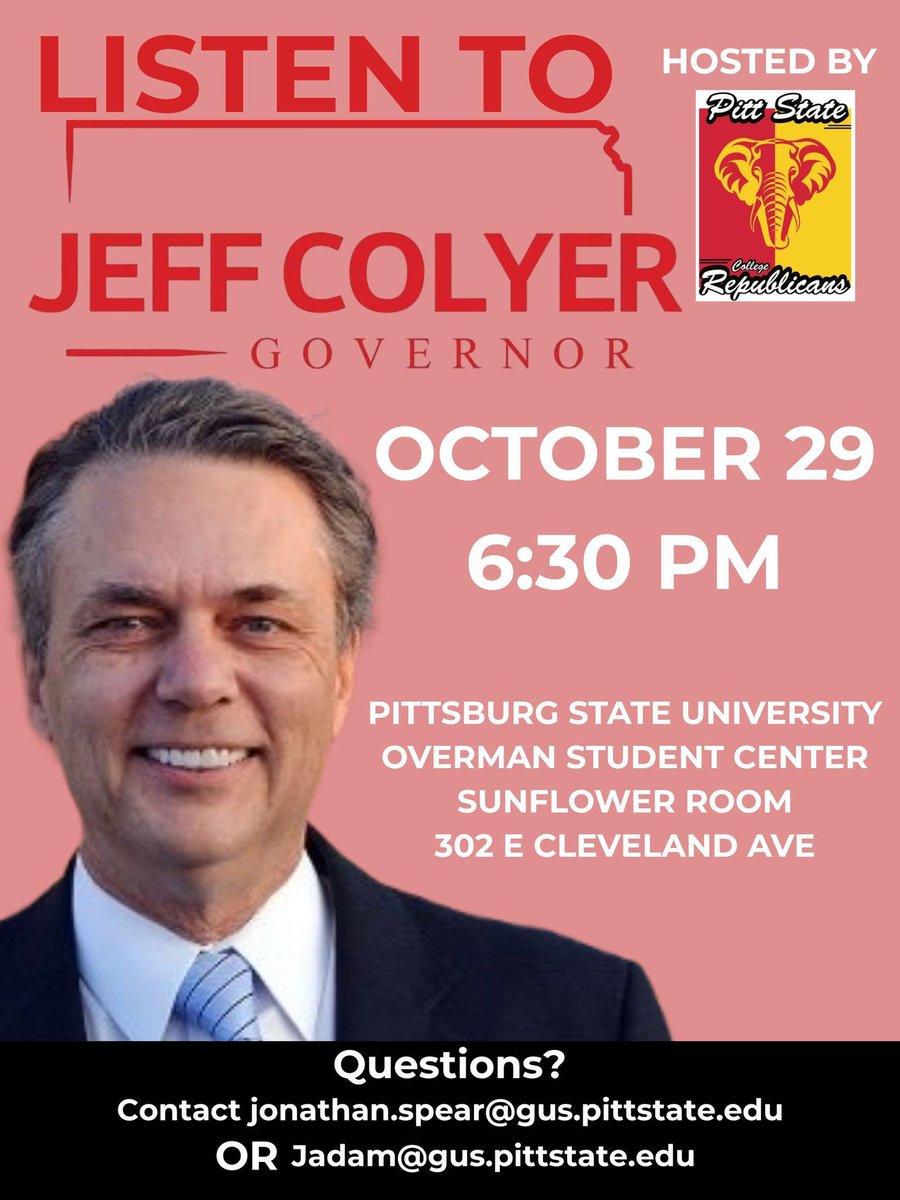We at the Pitt State College Republicans are excited to host candidate for Governor <a href="/DrJeffColyer/">Dr. Jeff Colyer</a>!

Don't miss this opportunity to hear his views and discuss the important issues facing our great state!

🗓 Wednesday, October 29th 6:30 PM
📍 Sunflower Room, Overman Student Center