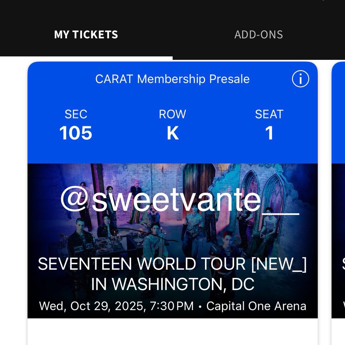 sweetvante__'s tweet image. hey carats, we’re selling two tickets for svt day 1 in DC. selling at face value, $230 each. we sadly can’t go due to a family health emergency. please dm if interested! #SEVENTEEN_NEW #SEVENTEEN_NEW_IN_DC #SEVENTEENTICKETS