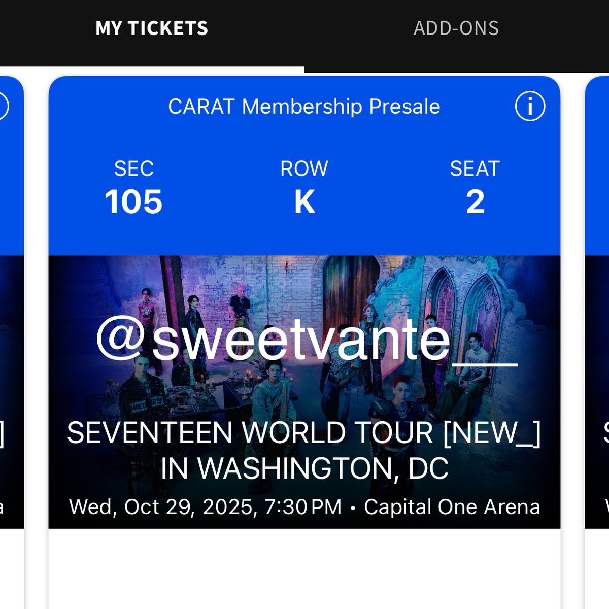 sweetvante__'s tweet image. hey carats, we’re selling two tickets for svt day 1 in DC. selling at face value, $230 each. we sadly can’t go due to a family health emergency. please dm if interested! #SEVENTEEN_NEW #SEVENTEEN_NEW_IN_DC #SEVENTEENTICKETS