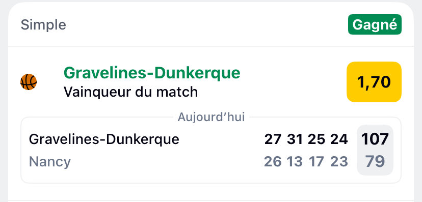 PALIER 1 CONFIANCE 75%✅🎯

Comme prévu ici Gravelines s’impose facilement ils auront tué ça dès le début

On enchaine direct le palier 2 ?😎