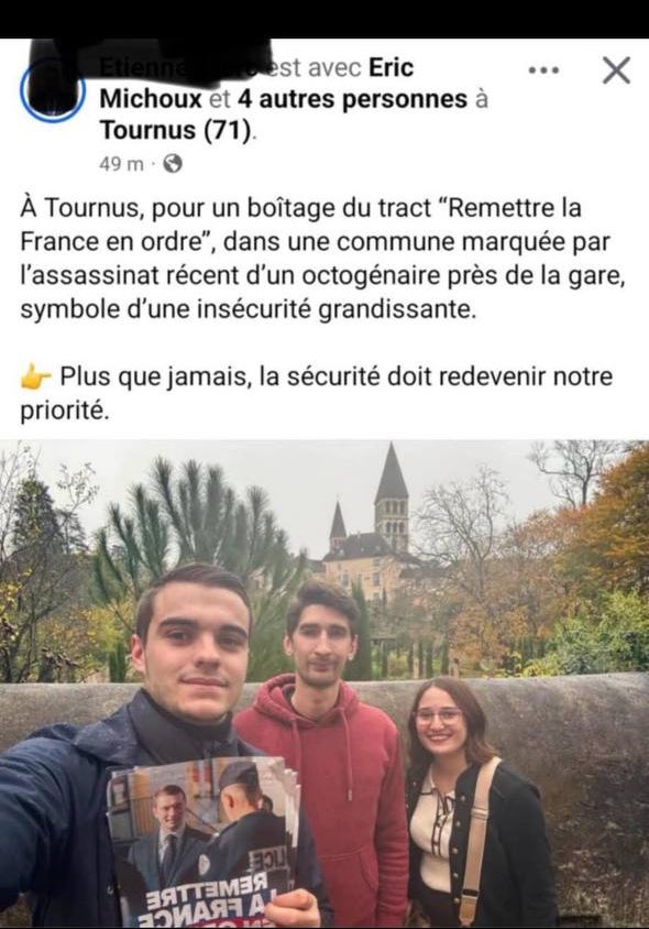 À vomir🤮🤮🤮🤮
Voici l’horrible Maire de Tournus, Bertrand Veau, qui compare nos jeunes militants <a href="/RNJ_off/">RNJ 🇫🇷</a> de Saône-et-Loire à l’horreur nazis 👇🏻
Jamais nous céderons devant cette gauche décomplexée, rendez-vous devant les tribunaux !
