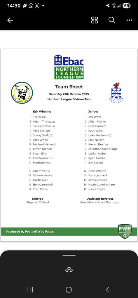 Here is the team sheet for today's game between <a href="/EWFC1913/">Esh Winning FC</a> and <a href="/jarrow_fc/">Jarrow FC</a>