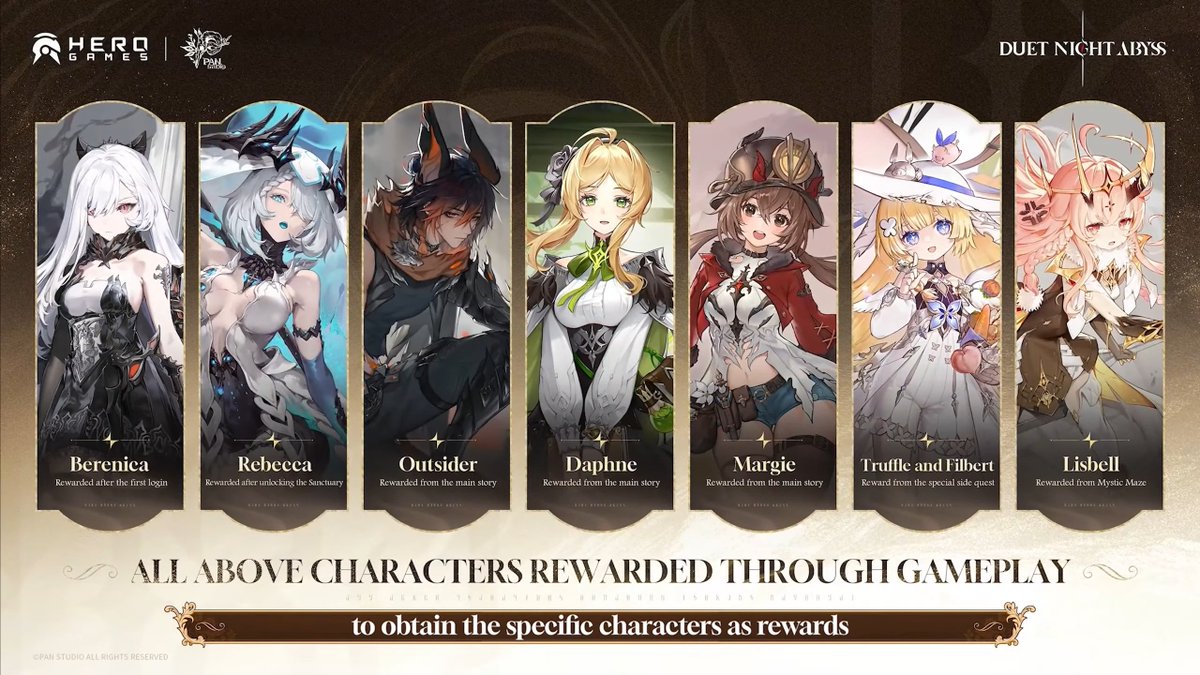 GrayRavenRadio's tweet image. These are all the characters you can easily get in Duet Night Abyss just by playing through the story and some events... 

But you can also obtain EVERY character for free PERMANENTLY. Same with every weapon and equipment. 

Gacha is skins only, NOT power/progression.