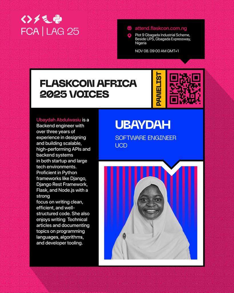 FlaskconAfrica's tweet image. Let's welcome another brilliant mind to the #FlaskConAfrica2025 panel, Ubaydah!
A backend engineer who brings a wealth of experience from both startups and large tech. She's also a technical writer!
Get ready for an insightful session. Register for FREE!
#FCA25 #Python #Flask