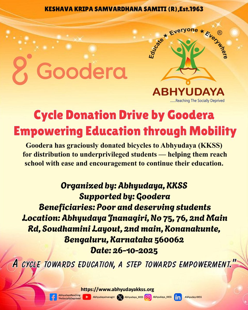 abhyudaya_kkss's tweet photo. ๐ดโโ Cycle Donation Drive by @wearegoodera & Abhyudaya
Empowering education through mobility! ๐
Every pedal brings students closer to their dreams. ๐ซ
#CycleDonationDrive #Goodera #AbhyudayaKKSS #CSRInitiative #EducationForAllย #SocialImpact @dipika_bajpai @KiranKS https://t.co/sYxpCYuOAk