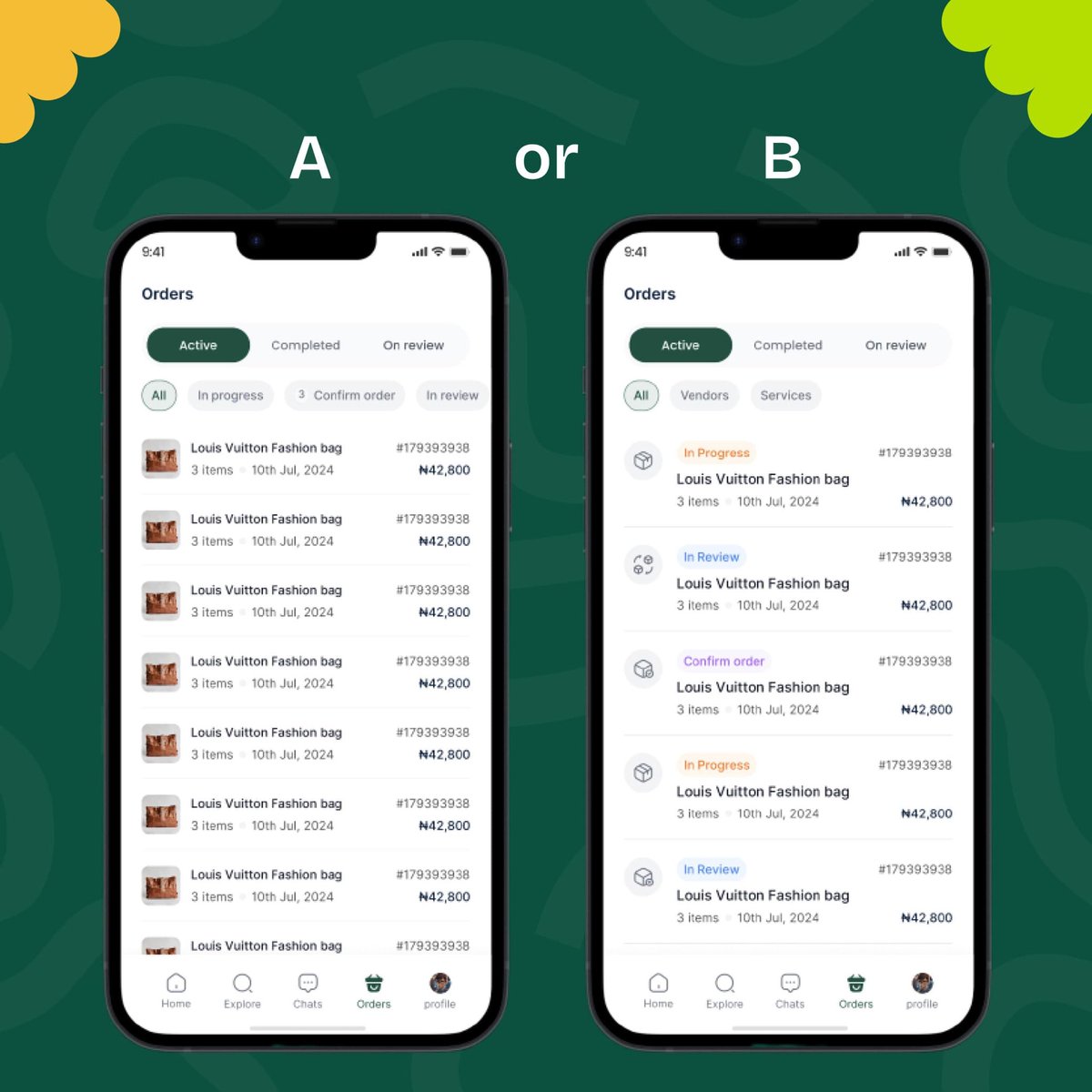 uramahd's tweet photo. Been working on an app design for Zeefas, a social marketplace we’re building 💚
We’re split between these two order page layouts — A or B?

Which one looks better to you? 👇 https://t.co/Wk8tN2VbWh