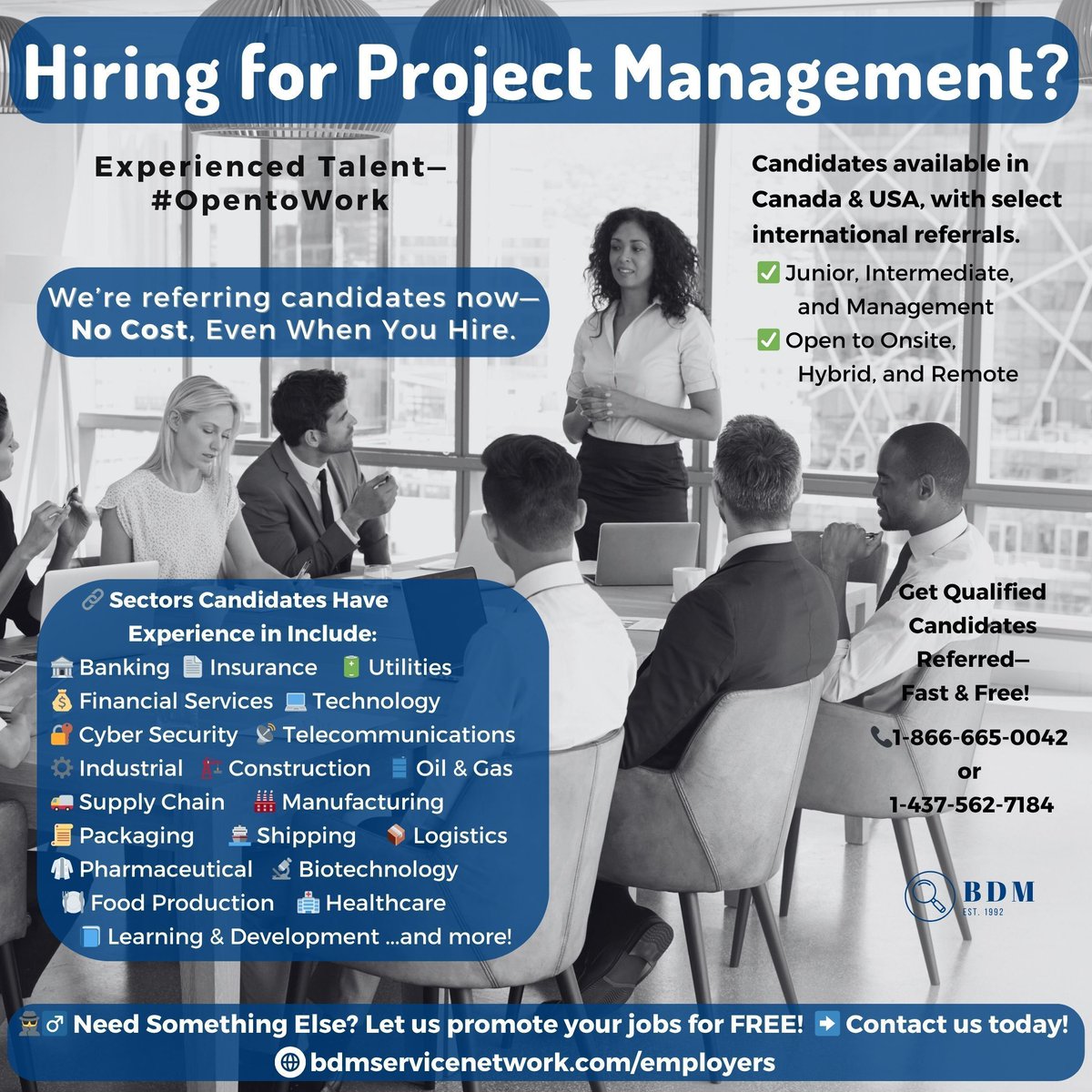 jobsfrombdm's tweet image. 🚨 HIRING for PROJECT MANAGEMENT?
We’re referring candidates now — NO COST, even when you hire! 💸🙌
👥 Get qualified candidates fast & free:
👉 bdmservicenetwork.com/employers
#ProjectManagement 📊 #ProjectLeadership 👔 #AgileLeadership 🌀 #TopTalent 🏆 #HireForFree ✅ 🚫💰