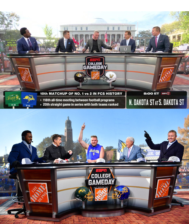 bill hofheimer (@bhofheimer_espn) on Twitter photo .<a href="/CollegeGameDay/">College GameDay</a> just previewed today's #DakotaMarker rivalry game featuring No. 1 <a href="/NDSUfootball/">NDSU Football</a> at No. 2 <a href="/GoJacksFB/">SDSU Football</a> (8p ET, ESPNU).
Six years ago this weekend, <a href="/PatMcAfeeShow/">Pat McAfee</a> made his CGD debut as the guest picker when the show was on-site for this matchup in Brookings, S.D. .<a href="/CollegeGameDay/">College GameDay</a> just previewed today's #DakotaMarker rivalry game featuring No. 1 <a href="/NDSUfootball/">NDSU Football</a> at No. 2 <a href="/GoJacksFB/">SDSU Football</a> (8p ET, ESPNU).
Six years ago this weekend, <a href="/PatMcAfeeShow/">Pat McAfee</a> made his CGD debut as the guest picker when the show was on-site for this matchup in Brookings, S.D.