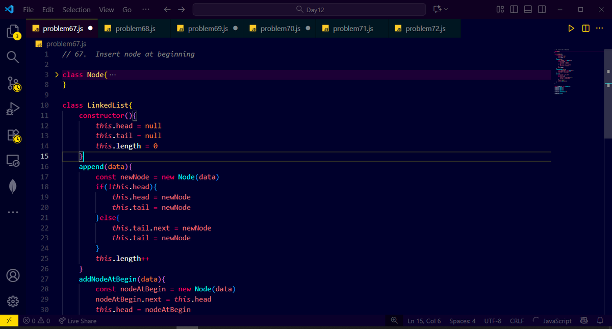 CoderAnand's tweet image. Day 35 of my #ProgrammingJourney:
Solved 5 DSA problems today ✅
Linked list's syntax feels natural.
Big win: getting comfortable with JS class-based syntax, super useful in real-world dev. Feeling confident 💻🚀
#JavaScript #DSA #Coding #WebDev #LinkedList