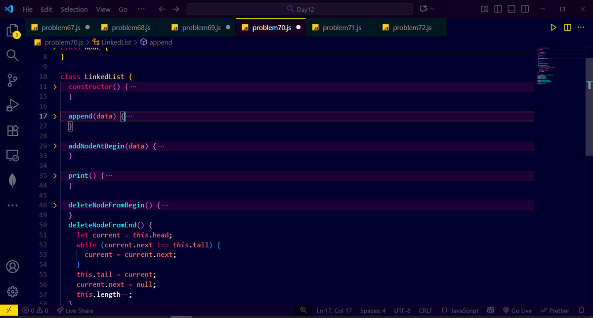 CoderAnand's tweet image. Day 35 of my #ProgrammingJourney:
Solved 5 DSA problems today ✅
Linked list's syntax feels natural.
Big win: getting comfortable with JS class-based syntax, super useful in real-world dev. Feeling confident 💻🚀
#JavaScript #DSA #Coding #WebDev #LinkedList