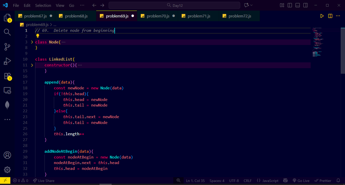 CoderAnand's tweet image. Day 35 of my #ProgrammingJourney:
Solved 5 DSA problems today ✅
Linked list's syntax feels natural.
Big win: getting comfortable with JS class-based syntax, super useful in real-world dev. Feeling confident 💻🚀
#JavaScript #DSA #Coding #WebDev #LinkedList