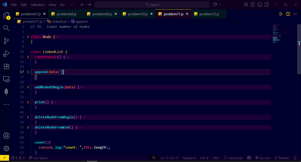 CoderAnand's tweet image. Day 35 of my #ProgrammingJourney:
Solved 5 DSA problems today ✅
Linked list's syntax feels natural.
Big win: getting comfortable with JS class-based syntax, super useful in real-world dev. Feeling confident 💻🚀
#JavaScript #DSA #Coding #WebDev #LinkedList